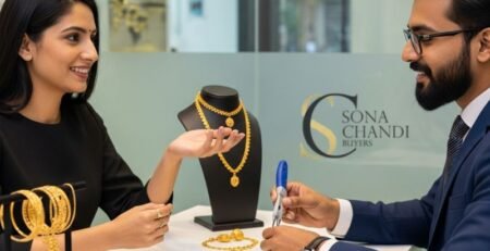 Evaluator checking second-hand gold jewellery for customers in Delhi to clarify myths and offer transparent guidance.