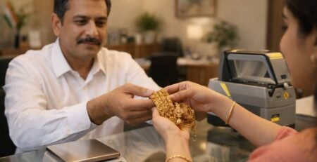 Customer getting gold jewellery evaluated at a professional gold buyer in Delhi NCR