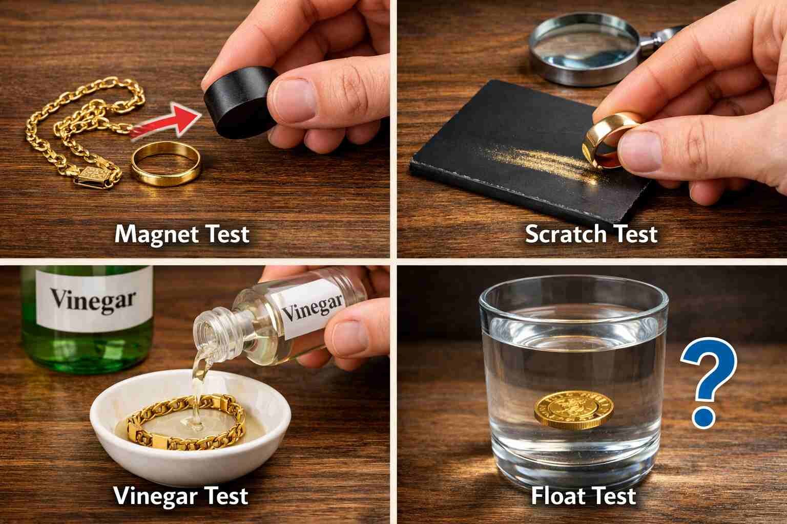 Simple home tests to identify real gold using magnet, scratch, vinegar, and water methods